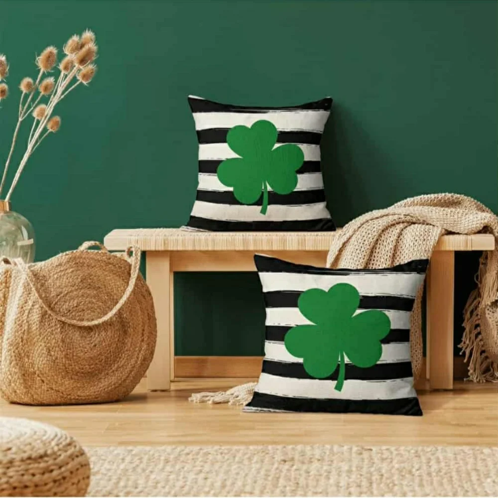 2 Pc Set Of Striped Pillow Covers with Green Shamrock